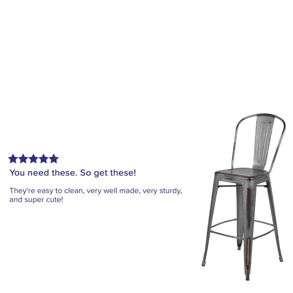 English Elm Commercial Grade Commercial Grade 30" High Distressed Metal Indoor-Outdoor Barstool with Back