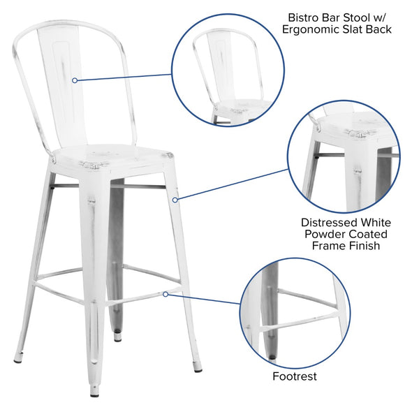 English Elm Commercial Grade Commercial Grade 30" High Distressed Metal Indoor-Outdoor Barstool with Back