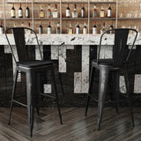 English Elm Commercial Grade Commercial Grade 30" High Metal Indoor-Outdoor Barstool with Back with Poly Resin Wood Seat