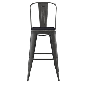 English Elm Commercial Grade Commercial Grade 30" High Metal Indoor-Outdoor Barstool with Back with Poly Resin Wood Seat