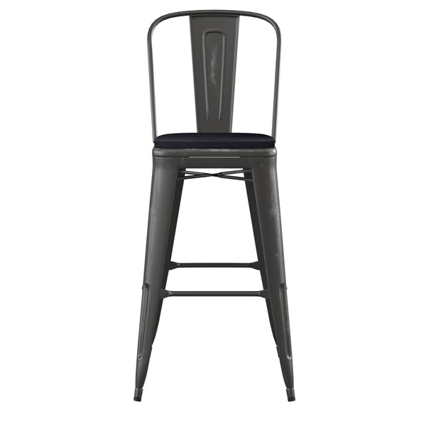 English Elm Commercial Grade Commercial Grade 30" High Metal Indoor-Outdoor Barstool with Back with Poly Resin Wood Seat
