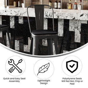 English Elm Commercial Grade Commercial Grade 30" High Metal Indoor-Outdoor Barstool with Back with Poly Resin Wood Seat