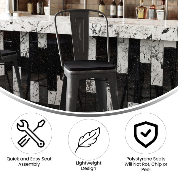 English Elm Commercial Grade Commercial Grade 30" High Metal Indoor-Outdoor Barstool with Back with Poly Resin Wood Seat