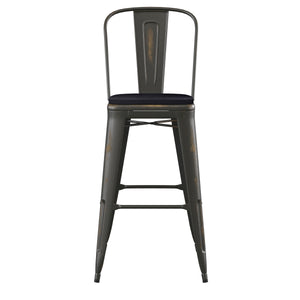 English Elm Commercial Grade Commercial Grade 30" High Copper Metal Indoor-Outdoor Barstool with Back with Black Poly Resin Wood Seat