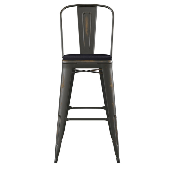 English Elm Commercial Grade Commercial Grade 30" High Copper Metal Indoor-Outdoor Barstool with Back with Black Poly Resin Wood Seat
