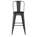 English Elm Commercial Grade Commercial Grade 30" High Copper Metal Indoor-Outdoor Barstool with Back with Black Poly Resin Wood Seat