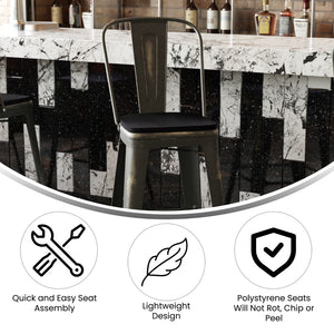 English Elm Commercial Grade Commercial Grade 30" High Copper Metal Indoor-Outdoor Barstool with Back with Black Poly Resin Wood Seat