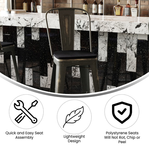 English Elm Commercial Grade Commercial Grade 30" High Copper Metal Indoor-Outdoor Barstool with Back with Black Poly Resin Wood Seat