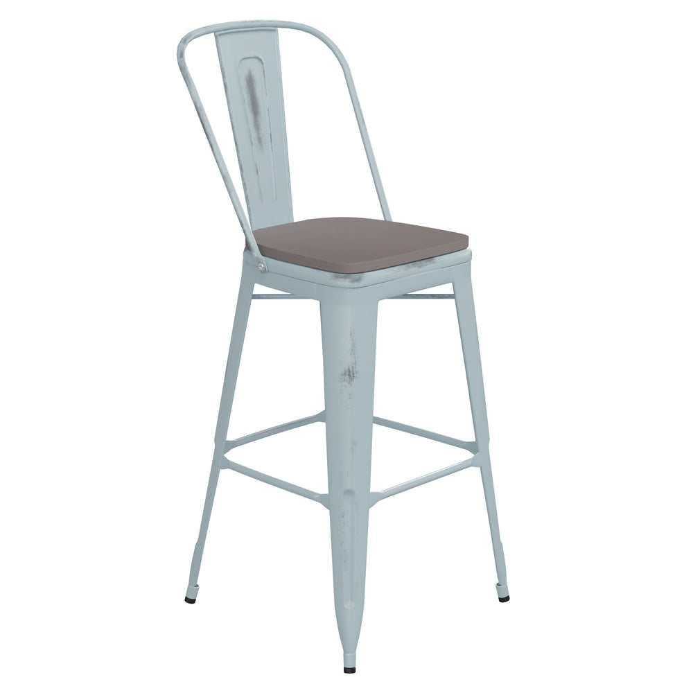English Elm Commercial Grade Commercial Grade 30" High -Blue Metal Indoor-Outdoor Barstool with Back with Gray Poly Resin Wood Seat