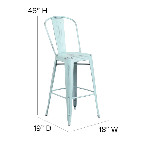 English Elm Commercial Grade Commercial Grade 30" High -Blue Metal Indoor-Outdoor Barstool with Back with Gray Poly Resin Wood Seat