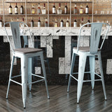 English Elm Commercial Grade Commercial Grade 30" High -Blue Metal Indoor-Outdoor Barstool with Back with Gray Poly Resin Wood Seat