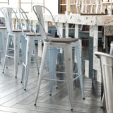 English Elm Commercial Grade Commercial Grade 30" High -Blue Metal Indoor-Outdoor Barstool with Back with Gray Poly Resin Wood Seat