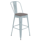 English Elm Commercial Grade Commercial Grade 30" High -Blue Metal Indoor-Outdoor Barstool with Back with Gray Poly Resin Wood Seat