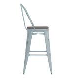 English Elm Commercial Grade Commercial Grade 30" High -Blue Metal Indoor-Outdoor Barstool with Back with Gray Poly Resin Wood Seat