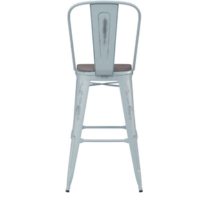 English Elm Commercial Grade Commercial Grade 30" High -Blue Metal Indoor-Outdoor Barstool with Back with Gray Poly Resin Wood Seat