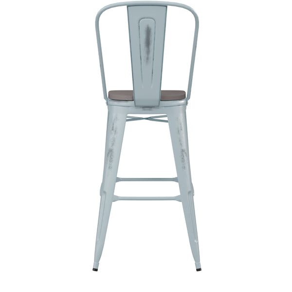 English Elm Commercial Grade Commercial Grade 30" High -Blue Metal Indoor-Outdoor Barstool with Back with Gray Poly Resin Wood Seat