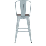 English Elm Commercial Grade Commercial Grade 30" High -Blue Metal Indoor-Outdoor Barstool with Back with Gray Poly Resin Wood Seat