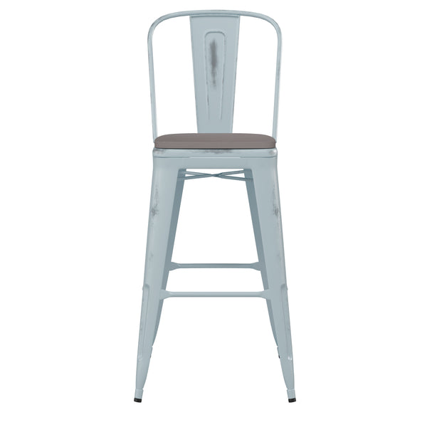 English Elm Commercial Grade Commercial Grade 30" High -Blue Metal Indoor-Outdoor Barstool with Back with Gray Poly Resin Wood Seat