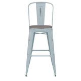 English Elm Commercial Grade Commercial Grade 30" High -Blue Metal Indoor-Outdoor Barstool with Back with Gray Poly Resin Wood Seat