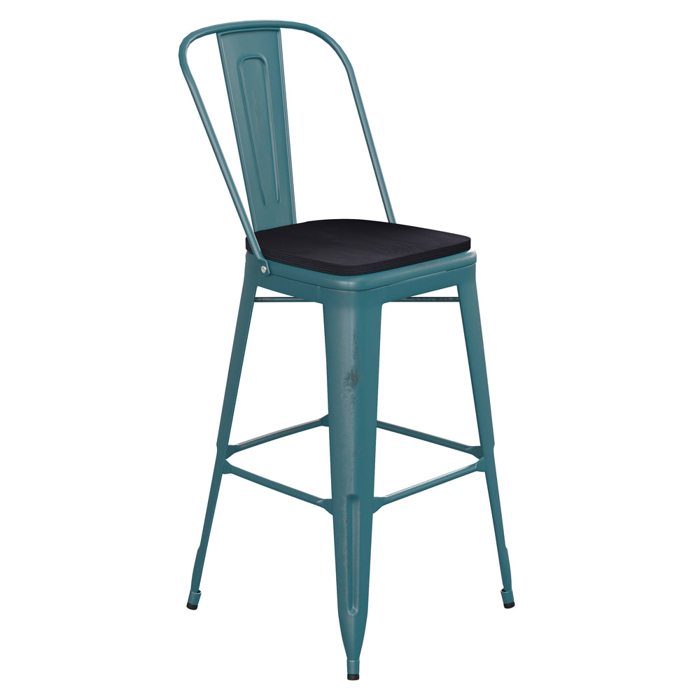 English Elm Commercial Grade Commercial Grade 30" High Kelly -Teal Metal Indoor-Outdoor Barstool with Back with Black Poly Resin Wood Seat