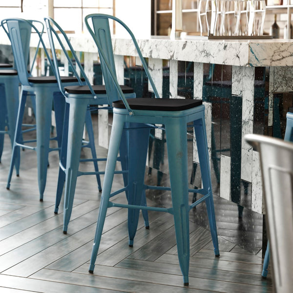 English Elm Commercial Grade Commercial Grade 30" High Kelly -Teal Metal Indoor-Outdoor Barstool with Back with Black Poly Resin Wood Seat