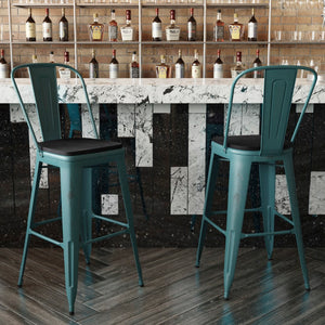 English Elm Commercial Grade Commercial Grade 30" High Kelly -Teal Metal Indoor-Outdoor Barstool with Back with Black Poly Resin Wood Seat