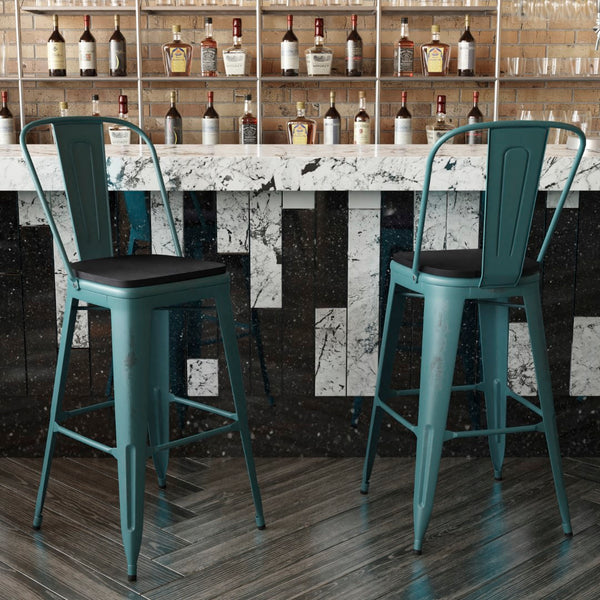 English Elm Commercial Grade Commercial Grade 30" High Kelly -Teal Metal Indoor-Outdoor Barstool with Back with Black Poly Resin Wood Seat