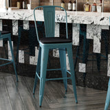 English Elm Commercial Grade Commercial Grade 30" High Kelly -Teal Metal Indoor-Outdoor Barstool with Back with Black Poly Resin Wood Seat