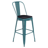 English Elm Commercial Grade Commercial Grade 30" High Kelly -Teal Metal Indoor-Outdoor Barstool with Back with Black Poly Resin Wood Seat