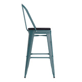 English Elm Commercial Grade Commercial Grade 30" High Kelly -Teal Metal Indoor-Outdoor Barstool with Back with Black Poly Resin Wood Seat