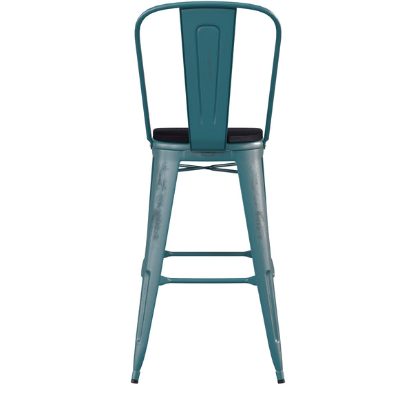 English Elm Commercial Grade Commercial Grade 30" High Kelly -Teal Metal Indoor-Outdoor Barstool with Back with Black Poly Resin Wood Seat