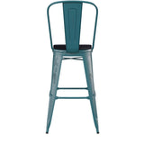 English Elm Commercial Grade Commercial Grade 30" High Kelly -Teal Metal Indoor-Outdoor Barstool with Back with Black Poly Resin Wood Seat