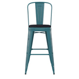 English Elm Commercial Grade Commercial Grade 30" High Kelly -Teal Metal Indoor-Outdoor Barstool with Back with Black Poly Resin Wood Seat