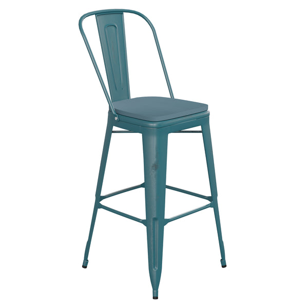 English Elm Commercial Grade Commercial Grade 30" High Kelly -Teal Metal Indoor-Outdoor Barstool with Back with Teal- Poly Resin Wood Seat