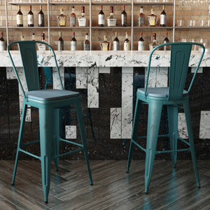 English Elm Commercial Grade Commercial Grade 30" High Kelly -Teal Metal Indoor-Outdoor Barstool with Back with Teal- Poly Resin Wood Seat
