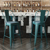 English Elm Commercial Grade Commercial Grade 30" High Kelly -Teal Metal Indoor-Outdoor Barstool with Back with Teal- Poly Resin Wood Seat