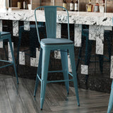 English Elm Commercial Grade Commercial Grade 30" High Kelly -Teal Metal Indoor-Outdoor Barstool with Back with Teal- Poly Resin Wood Seat