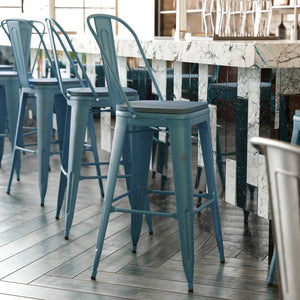 English Elm Commercial Grade Commercial Grade 30" High Kelly -Teal Metal Indoor-Outdoor Barstool with Back with Teal- Poly Resin Wood Seat