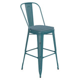 English Elm Commercial Grade Commercial Grade 30" High Kelly -Teal Metal Indoor-Outdoor Barstool with Back with Teal- Poly Resin Wood Seat