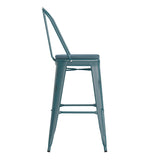 English Elm Commercial Grade Commercial Grade 30" High Kelly -Teal Metal Indoor-Outdoor Barstool with Back with Teal- Poly Resin Wood Seat