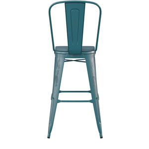 English Elm Commercial Grade Commercial Grade 30" High Kelly -Teal Metal Indoor-Outdoor Barstool with Back with Teal- Poly Resin Wood Seat