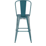 English Elm Commercial Grade Commercial Grade 30" High Kelly -Teal Metal Indoor-Outdoor Barstool with Back with Teal- Poly Resin Wood Seat