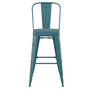 English Elm Commercial Grade Commercial Grade 30" High Kelly -Teal Metal Indoor-Outdoor Barstool with Back with Teal- Poly Resin Wood Seat