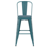 English Elm Commercial Grade Commercial Grade 30" High Kelly -Teal Metal Indoor-Outdoor Barstool with Back with Teal- Poly Resin Wood Seat