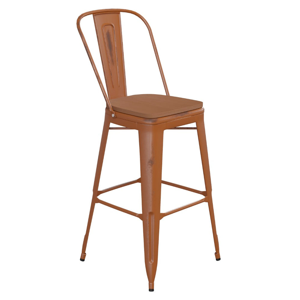English Elm Commercial Grade Commercial Grade 30" High Metal Indoor-Outdoor Barstool with Back with Teak Poly Resin Wood Seat