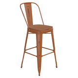 English Elm Commercial Grade Commercial Grade 30" High Metal Indoor-Outdoor Barstool with Back with Teak Poly Resin Wood Seat