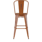 English Elm Commercial Grade Commercial Grade 30" High Metal Indoor-Outdoor Barstool with Back with Teak Poly Resin Wood Seat