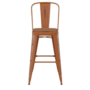 English Elm Commercial Grade Commercial Grade 30" High Metal Indoor-Outdoor Barstool with Back with Teak Poly Resin Wood Seat