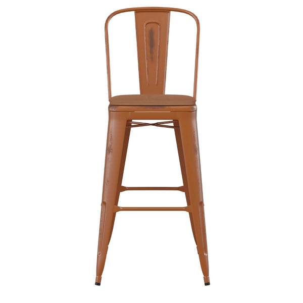 English Elm Commercial Grade Commercial Grade 30" High Metal Indoor-Outdoor Barstool with Back with Teak Poly Resin Wood Seat
