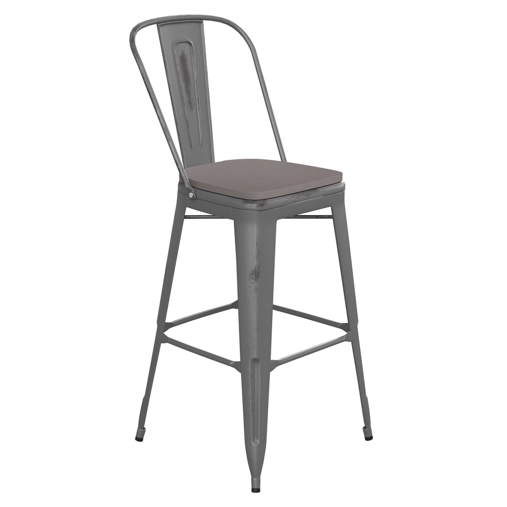 English Elm Commercial Grade Commercial Grade 30" High Silver Metal Indoor-Outdoor Barstool with Back with Poly Resin Wood Seat